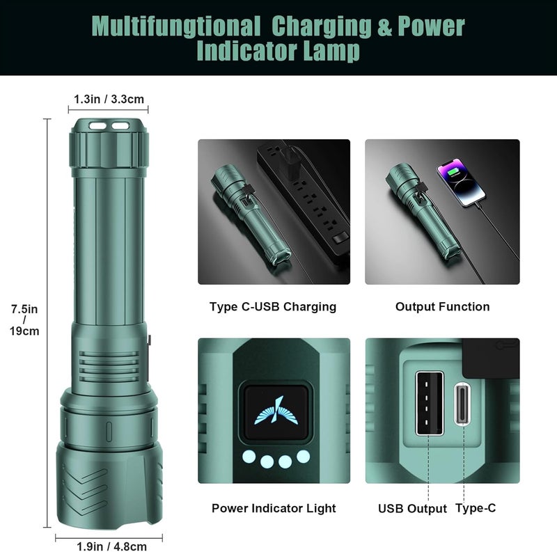 SkyFire LED Flashlight High Lumens,5000mAh Super Bright Rechargeable Flashlight,Zoomable,Four Modes,Waterproof Flash Light for Camping Essentials,Outdoor and Home Emergencies-Green - Image 3